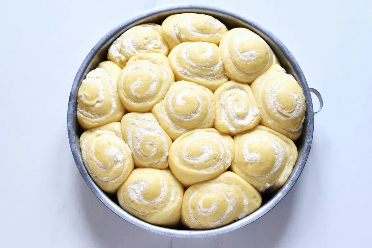 Torta di rose in teglia, soffici panini dolci con zucchero a velo, pronti per essere infornati.