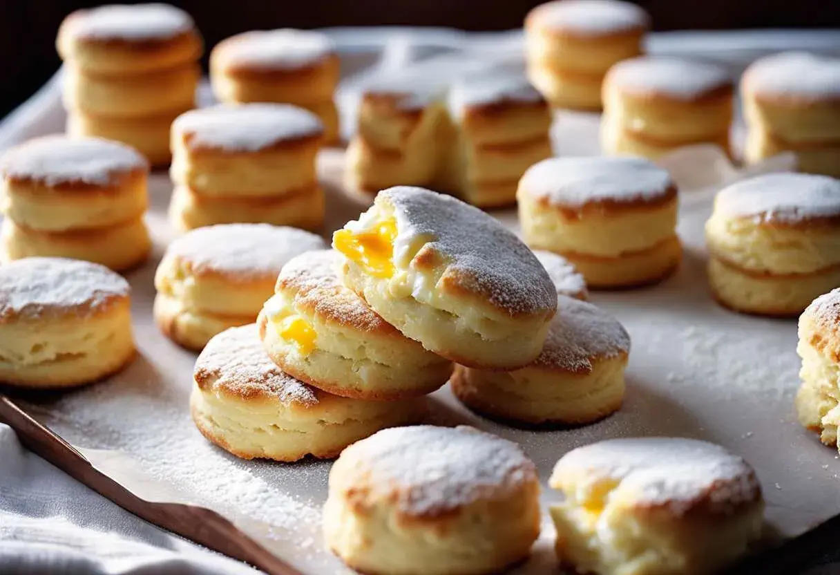 Des biscuits cuillères moelleux, saupoudrés de sucre glace, certains garnis d'une crème jaune vif. Un délice à savourer !