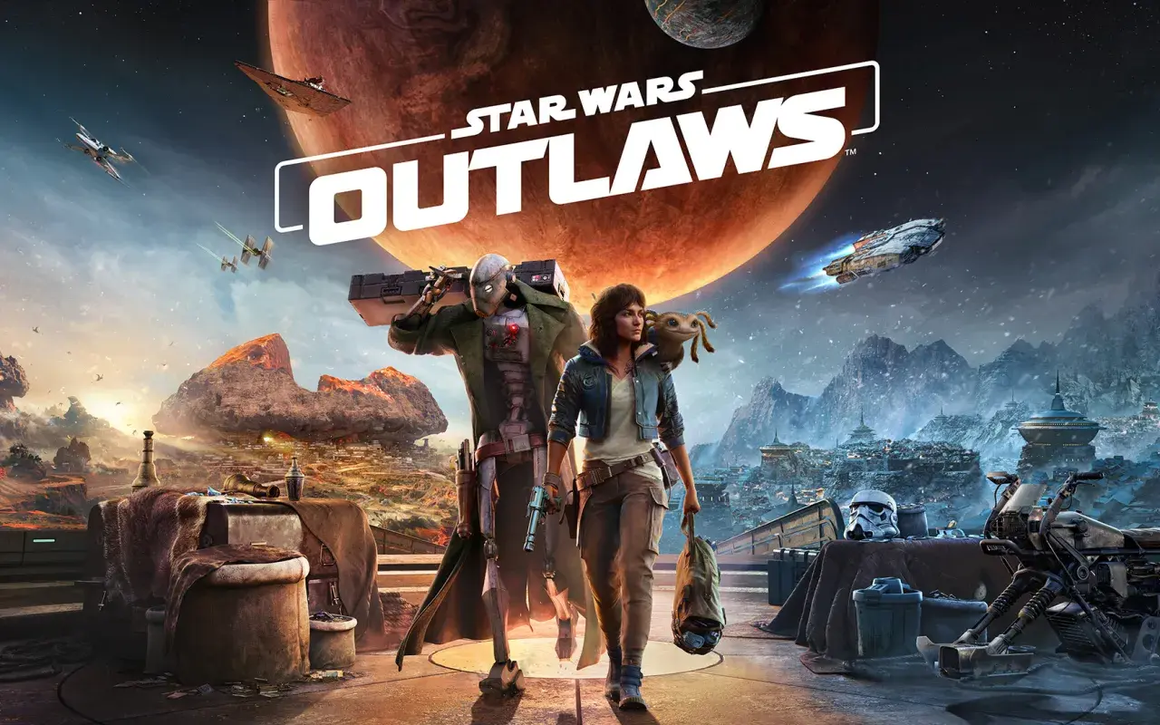 Postapokaliptyczny krajobraz z dwójką bohaterów i logo gry Star Wars Outlaws.