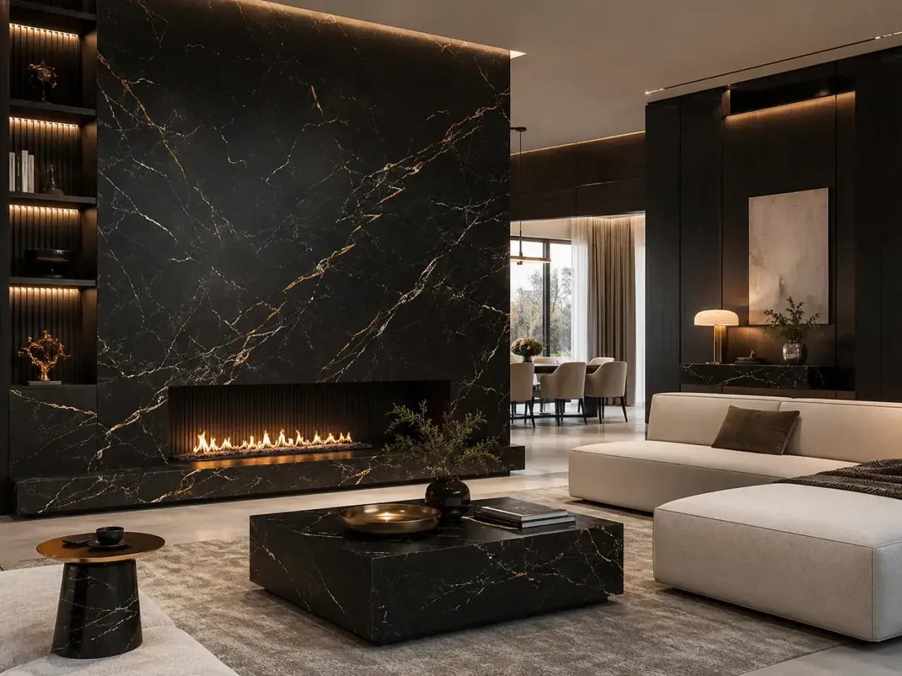 Elegante soggiorno con camino in marmo nero e oro, tavolino coordinato e divano chiaro. L'arredamento è moderno e sofisticato.