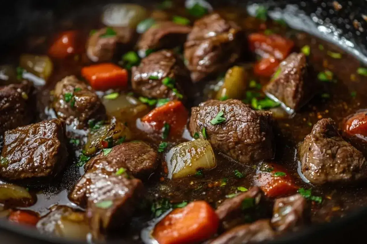 Gros morceaux de bœuf mijotant dans une sauce riche avec des carottes et des oignons. Un plat de boeuf bourguignon réconfortant et savoureux.