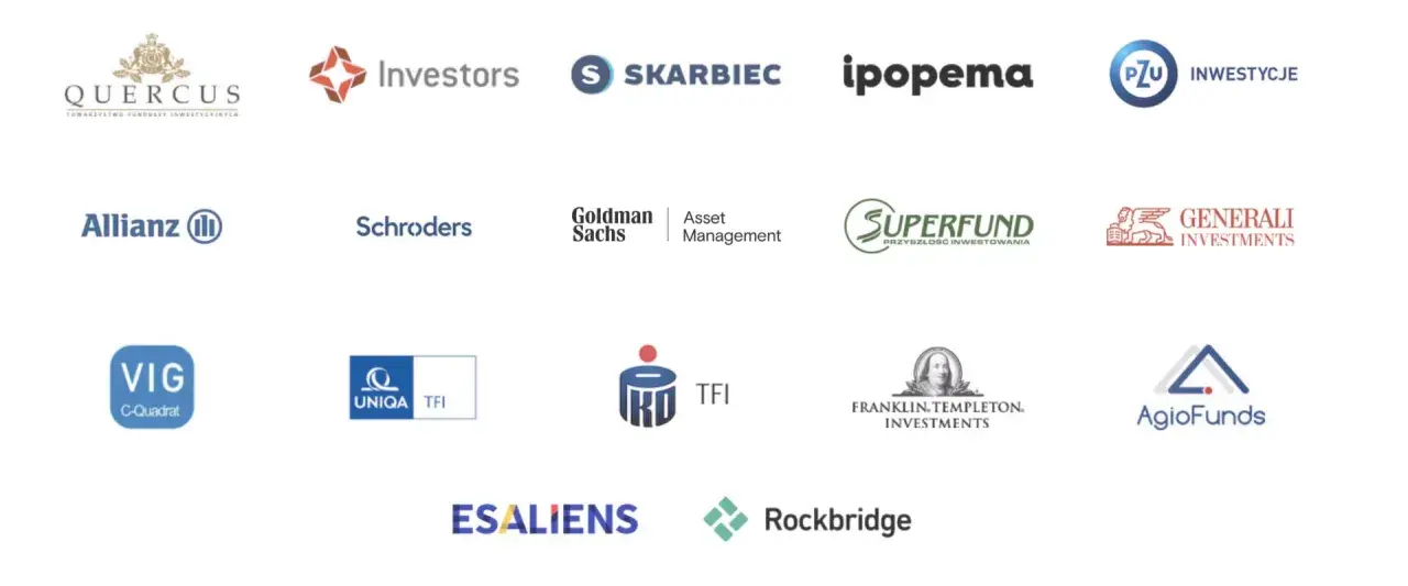 Logotypy firm: Quercus, Investors, Skarbiec, Ipopema, PZU, Allianz, Schroders, Goldman Sachs, Superfund, Generali, VIG, Uniqa, TFI, Franklin Templeton, AgioFunds, Esaliens, Rockbridge. Allianz i Pimco to partnerzy funduszy rynków wschodzących.