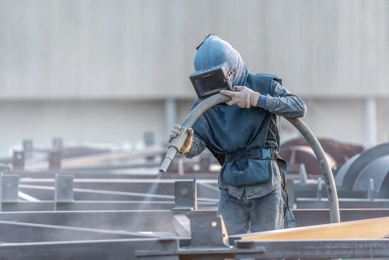 Un ouvrier en combinaison de protection effectue un décapage mécanique sur des structures métalliques, projetant un jet abrasif.