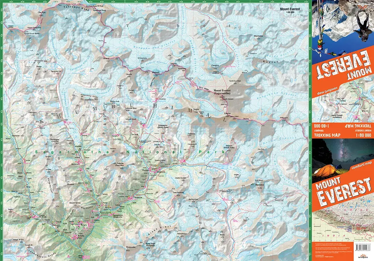 Mapa szlaków trekkingowych w Himalajach, pokazująca gdzie leży Mount Everest (Sagarmatha) i okoliczne szczyty, lodowce oraz wioski.