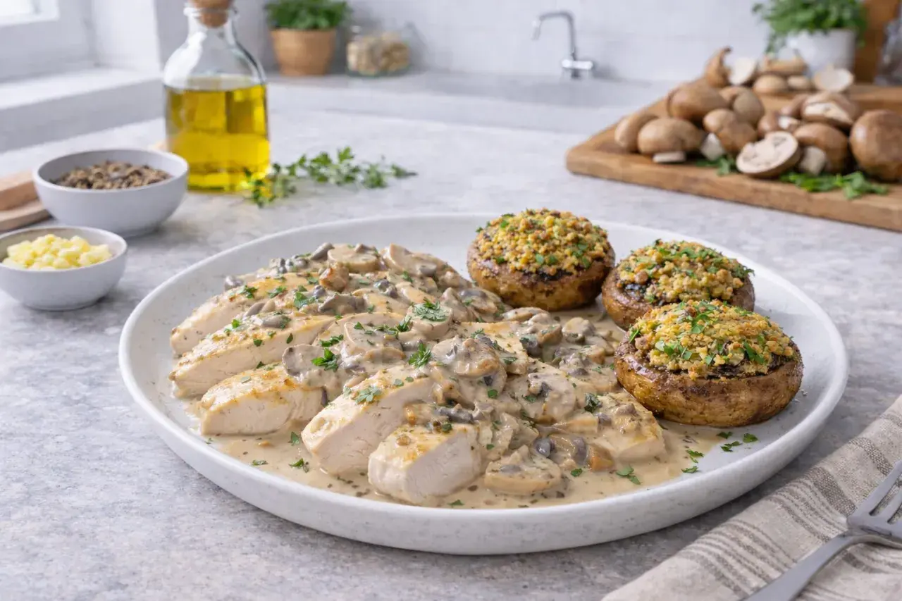 Délicieuse recette filet de poulet en sauce crémeuse aux champignons, accompagnée de champignons farcis.