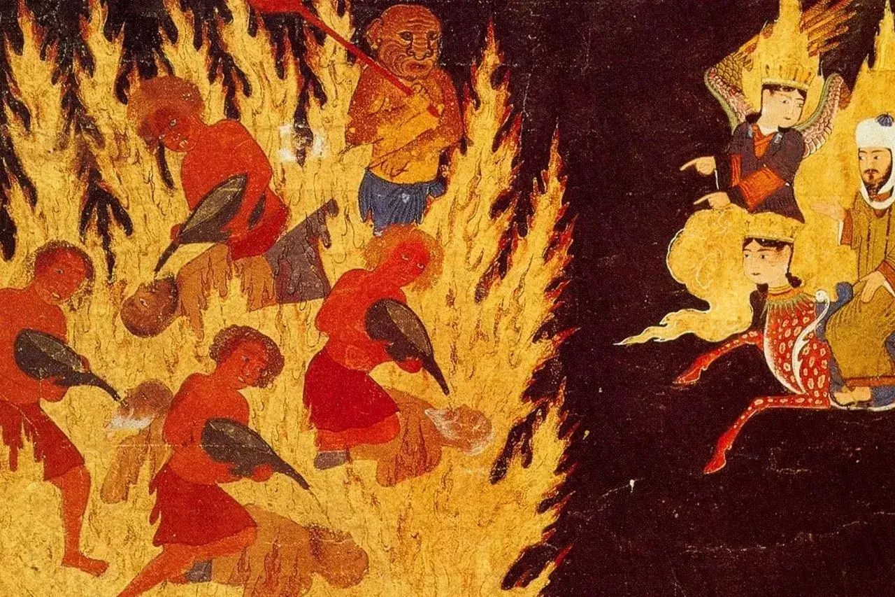 Människor plågas i flammor av demoner. Till höger sitter änglar och en man i en mörk scen, en skildring av muslimsk helveteseld.