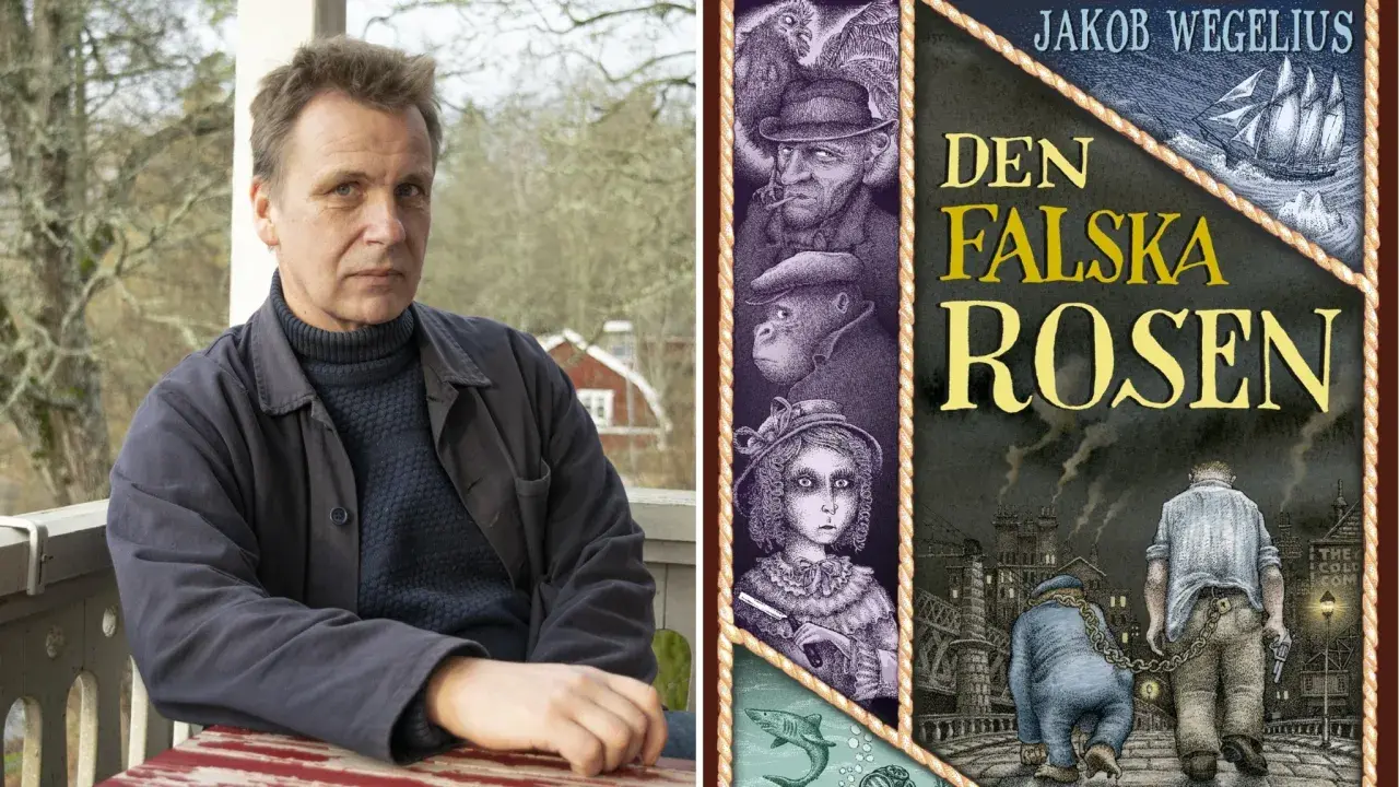 Jakob Wegelius, författaren till "Den falska rosen", porträtterad bredvid bokomslaget med en dramatisk illustration av en fartygsresa och mystiska figurer.