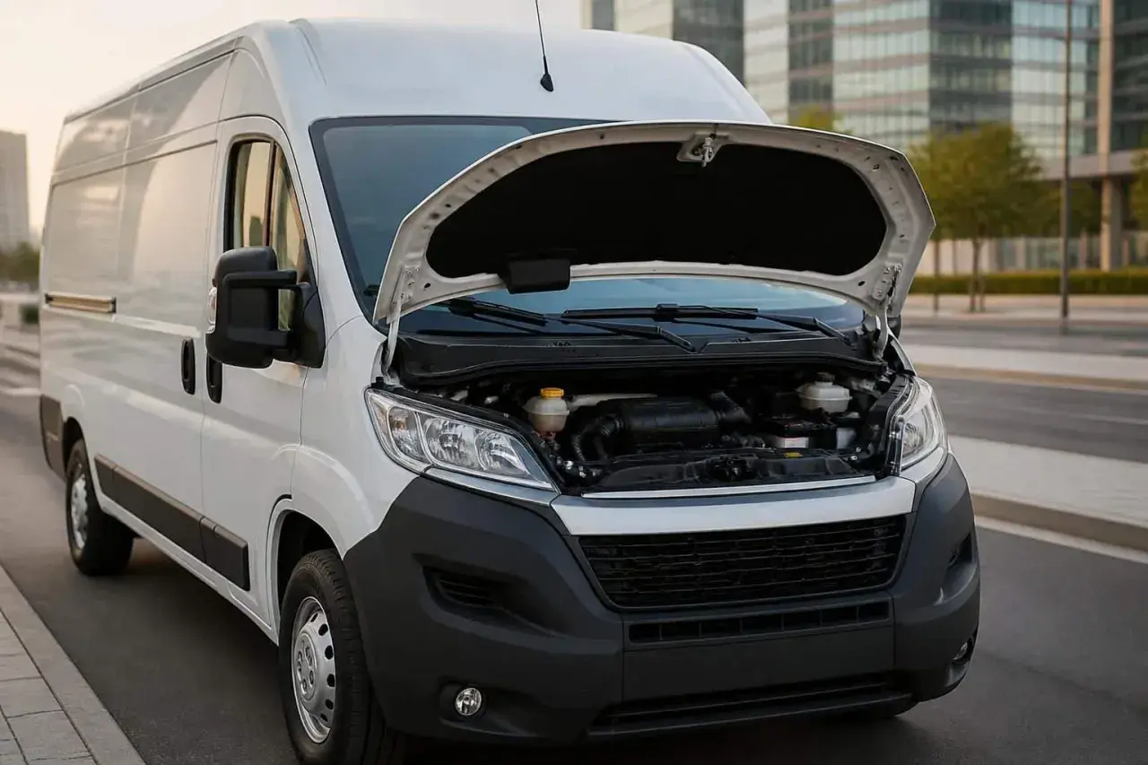 Un Fiat Ducato 2.2 Multijet 140 CV avec le capot ouvert, révélant son moteur. Avis sur ce véhicule utilitaire.