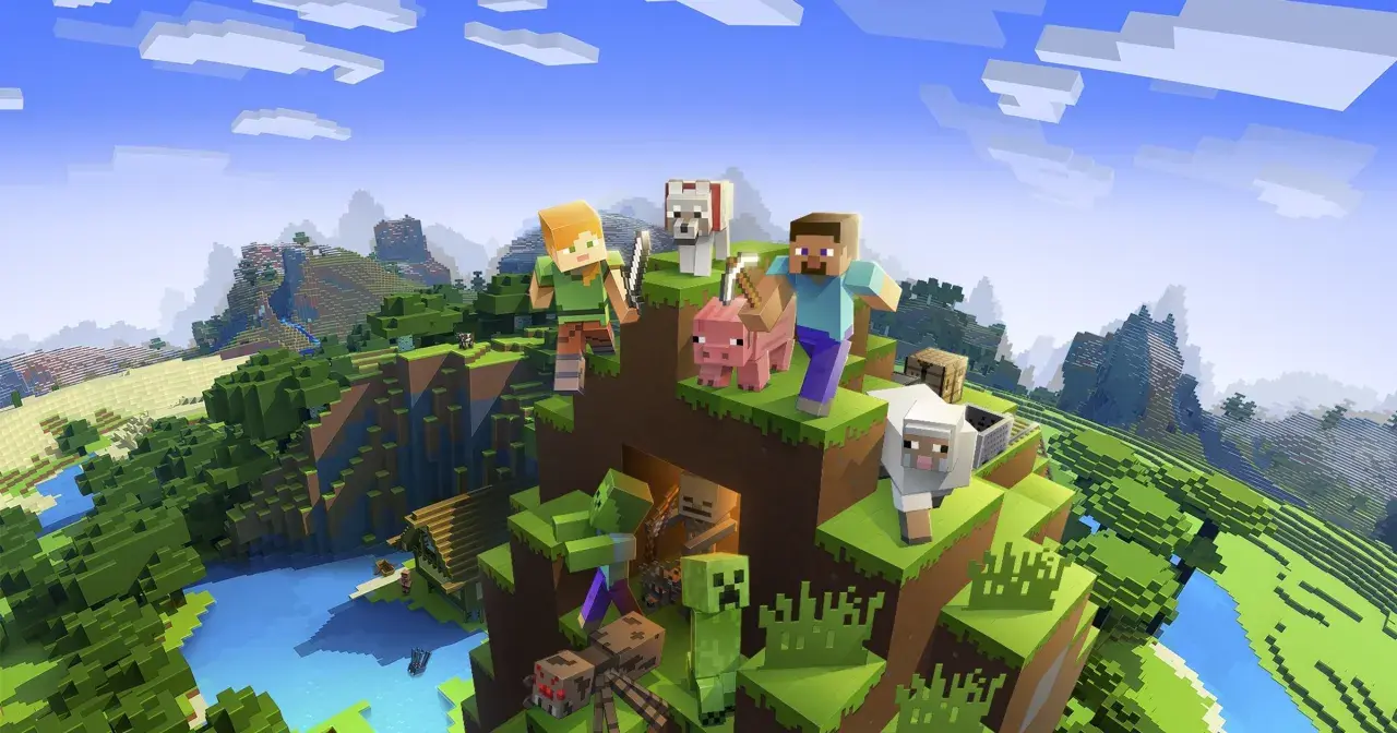 Steve i Alex z psami, świnią i owcą na szczycie bloku. W dole czają się zombie, creeper i pająk. To świat, gdzie czity do Minecrafta mogą pomóc przetrwać.