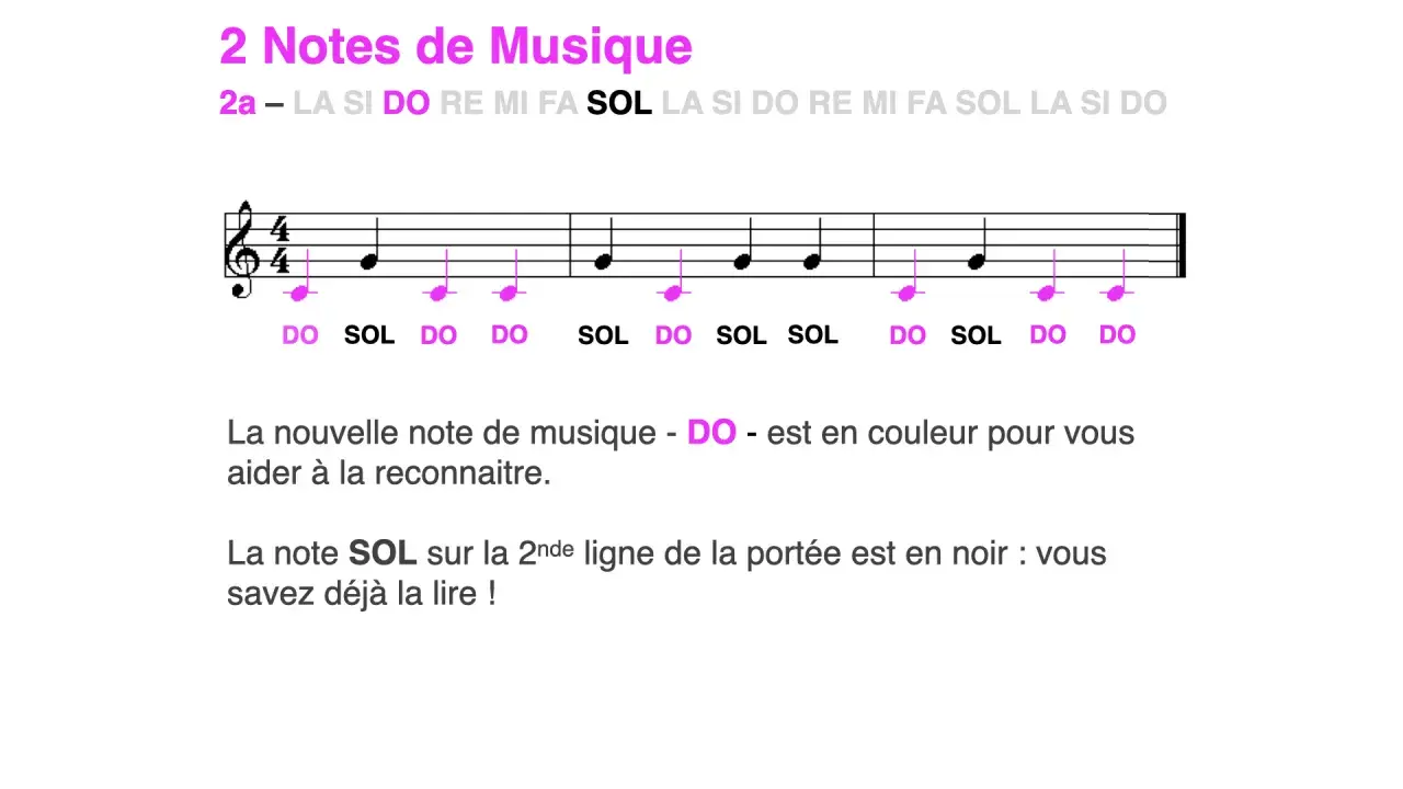 Exercice pour apprendre à solfège chanter les notes DO et SOL sur une portée. La note DO est en couleur pour faciliter sa reconnaissance.