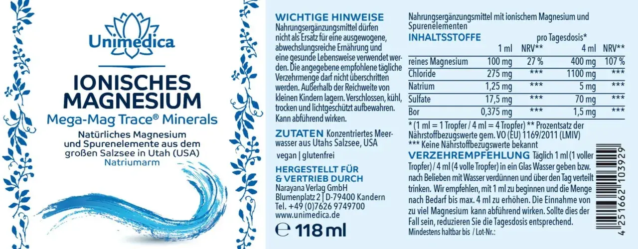 Unimedica Ionisches Magnesium: Natürliches Magnesium und Spurenelemente aus dem Großen Salzsee in Utah (USA). Enthält elementares Magnesium.