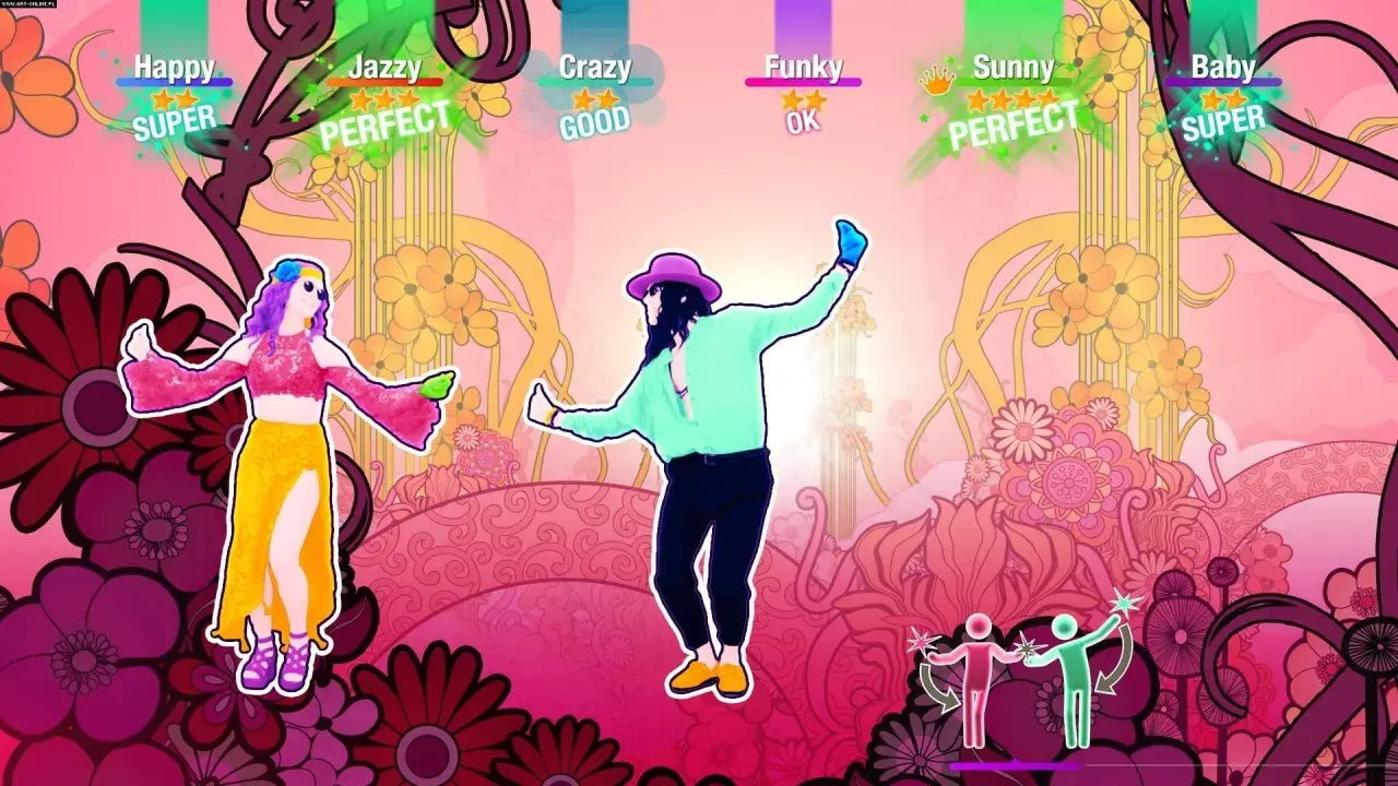 Dwóch tancerzy w kolorowych strojach na tle psychodelicznych kwiatów. Grają w "just dance online", zdobywając punkty "Super" i "Perfect".