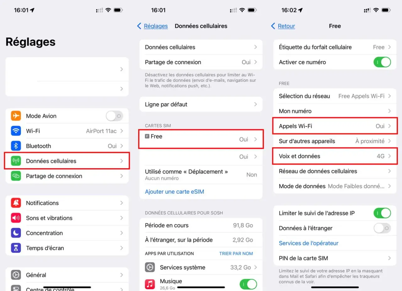 Paramètres du téléphone : activer VoLTE Free. L'image montre les réglages pour activer VoLTE sur un iPhone avec la carte SIM Free.