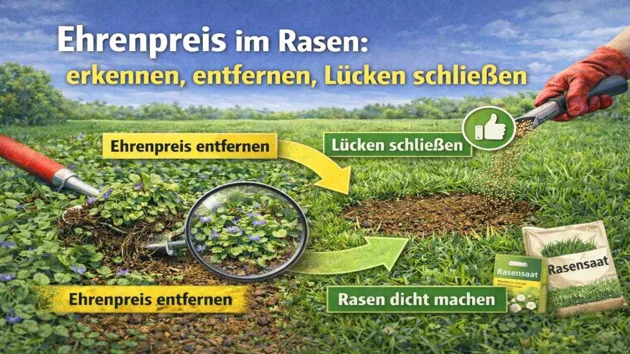 Ehrenpreis im Rasen erkennen und entfernen. Mit Rasensamen Lücken schließen für einen dichten Rasen.