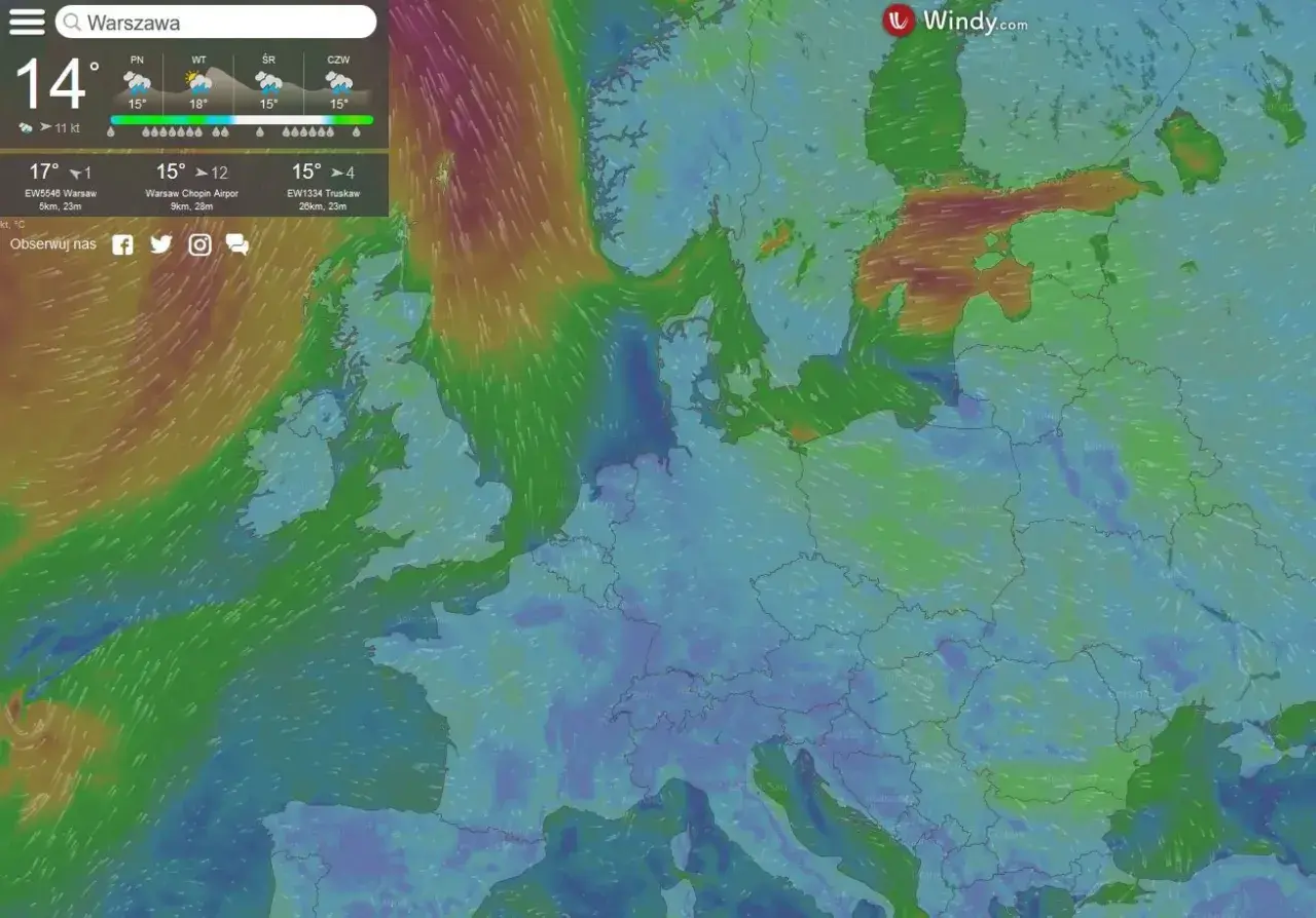 Mapa wiatrów nad Europą, idealna pogoda dla żeglarzy. Widać silne prądy powietrza nad Bałtykiem i Atlantykiem.