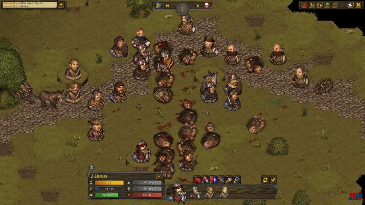 Schlachtfeld mit vielen gefallenen Kriegern, ein paar Überlebende kämpfen weiter. Ein Esel zieht einen Karren. Battle Brothers.