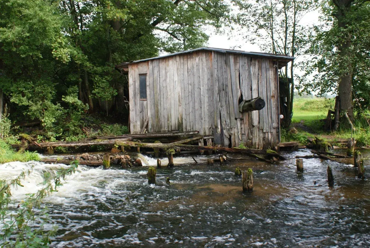 Drewniany, stary młyn nad rwącą rzeką, otoczony zielenią.