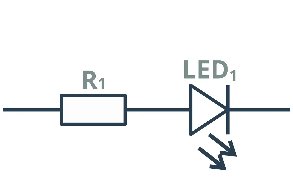 Schemat obwodu: rezystor R1 i dioda LED1 w połączenie szeregowe.