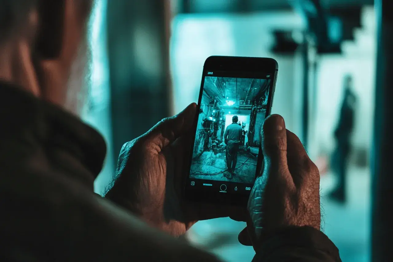 Un homme utilise son smartphone pour surveiller sa maison. L'écran affiche une image en temps réel d'un couloir.