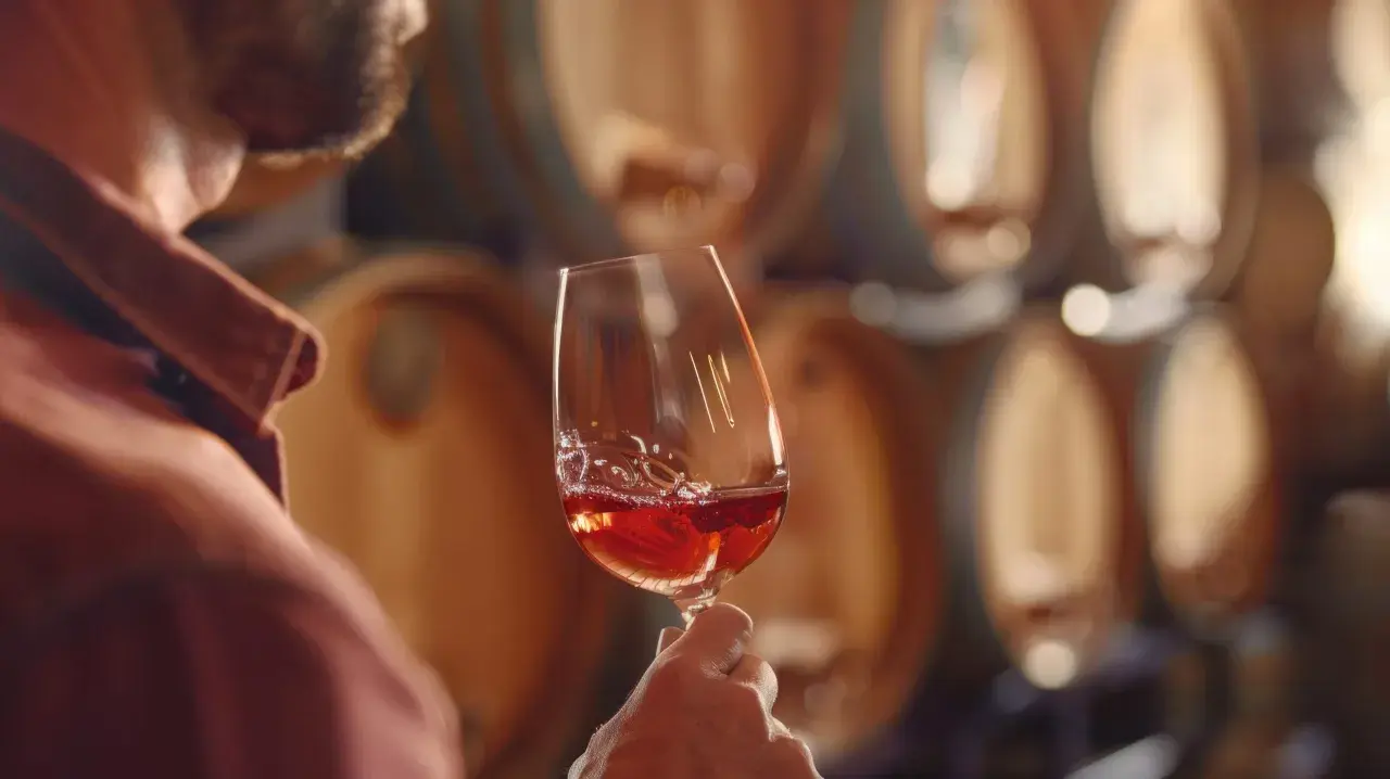 Un uomo assapora un bicchiere di vino rosso nelle cantine di Bolgheri, circondato da botti di legno.