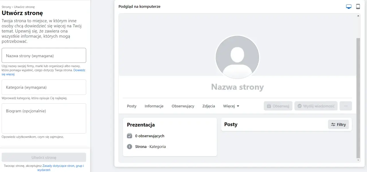 Ekran tworzenia strony na Facebooku. Wpisz nazwę, kategorię i biogram, aby dowiedzieć się, jak założyć sobie Facebooka.