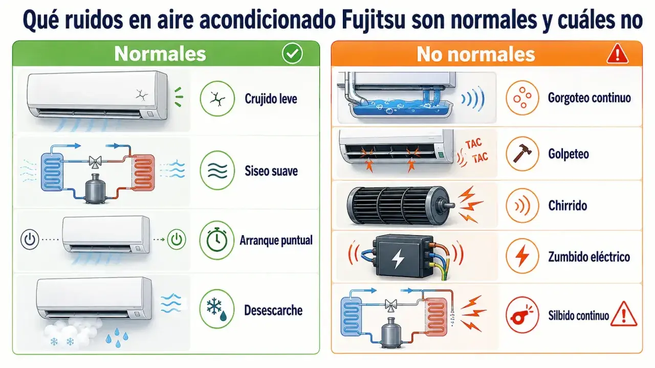Diagrama de aire acondicionado Fujitsu: ruidos normales (crujido, siseo, arranque, desescarche) y no normales (gorgoteo, golpeteo, chirrido, zumbido, silbido).