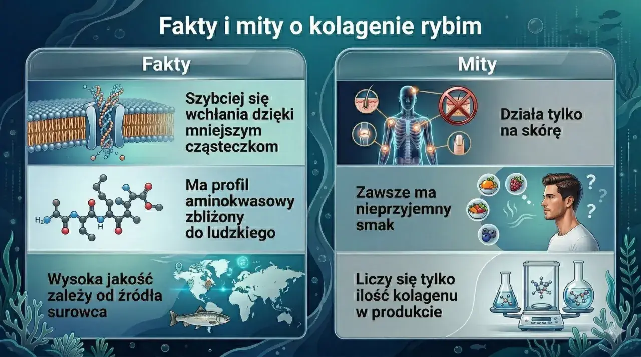 Fakty i mity o kolagenie rybim: szybkie wchłanianie, profil aminokwasowy, jakość surowca. Opinie o smaku i działaniu.