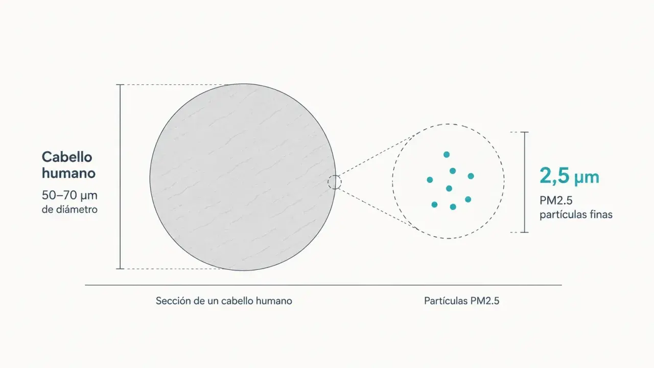 Comparación: un cabello humano (50-70 μm) y partículas PM2.5 (2,5 μm). Las partículas finas PM2.5 son diminutas.