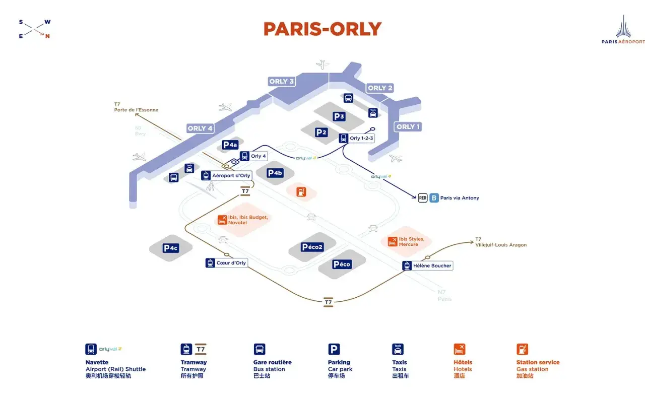 Plan de liaison Orly-Paris : navettes, tramway T7, Orlyval, RER B, bus, taxis, parkings et hôtels.