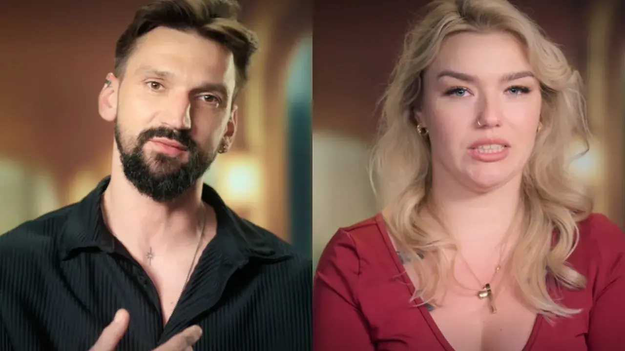 Mężczyzna z brodą i tatuażem na szyi oraz kobieta z blond włosami i naszyjnikiem. Czy to para, czy tylko znajomi? **Why not both**?