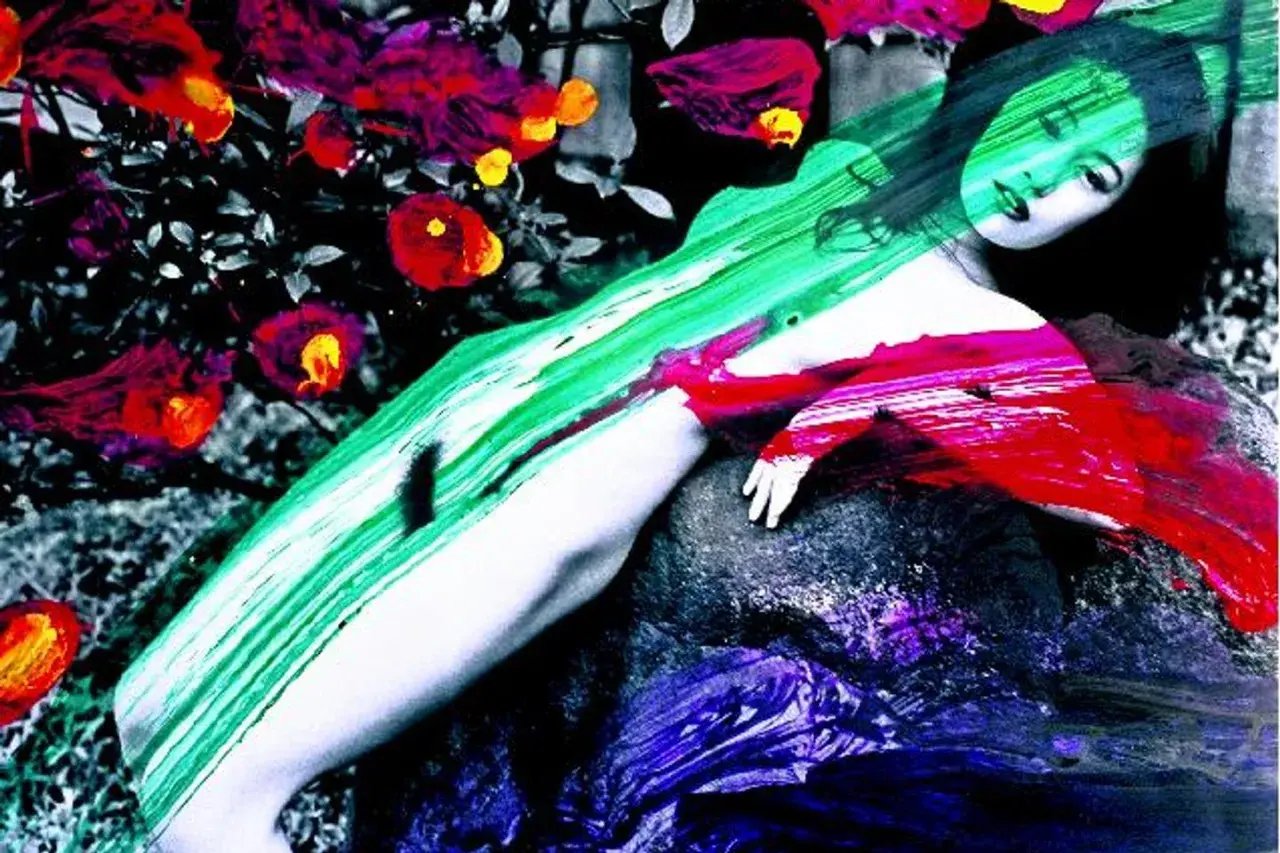 Une femme repose, peinte de couleurs vives, dans un style rappelant Nobuyoshi Araki. Des fleurs rouges et roses contrastent avec le vert et le rouge abstraits.