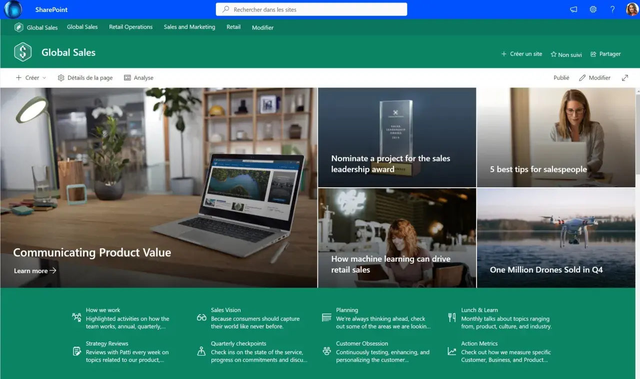 Page d'accueil SharePoint "Global Sales" avec des articles sur la communication de la valeur produit, le leadership commercial et les ventes.