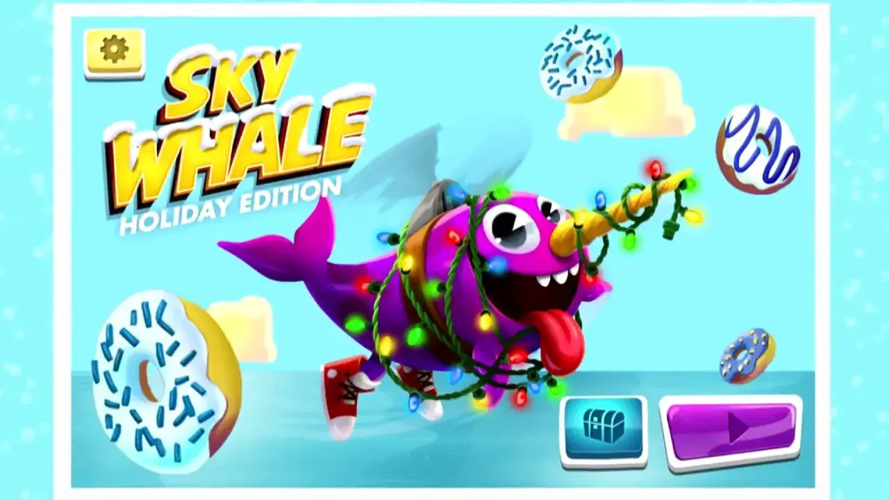 Gra "Sky Whale: Holiday Edition" z serii Game Shakers. Jak wydać grę? Wesoły fioletowy wieloryb w świątecznych lampkach i pączkach.