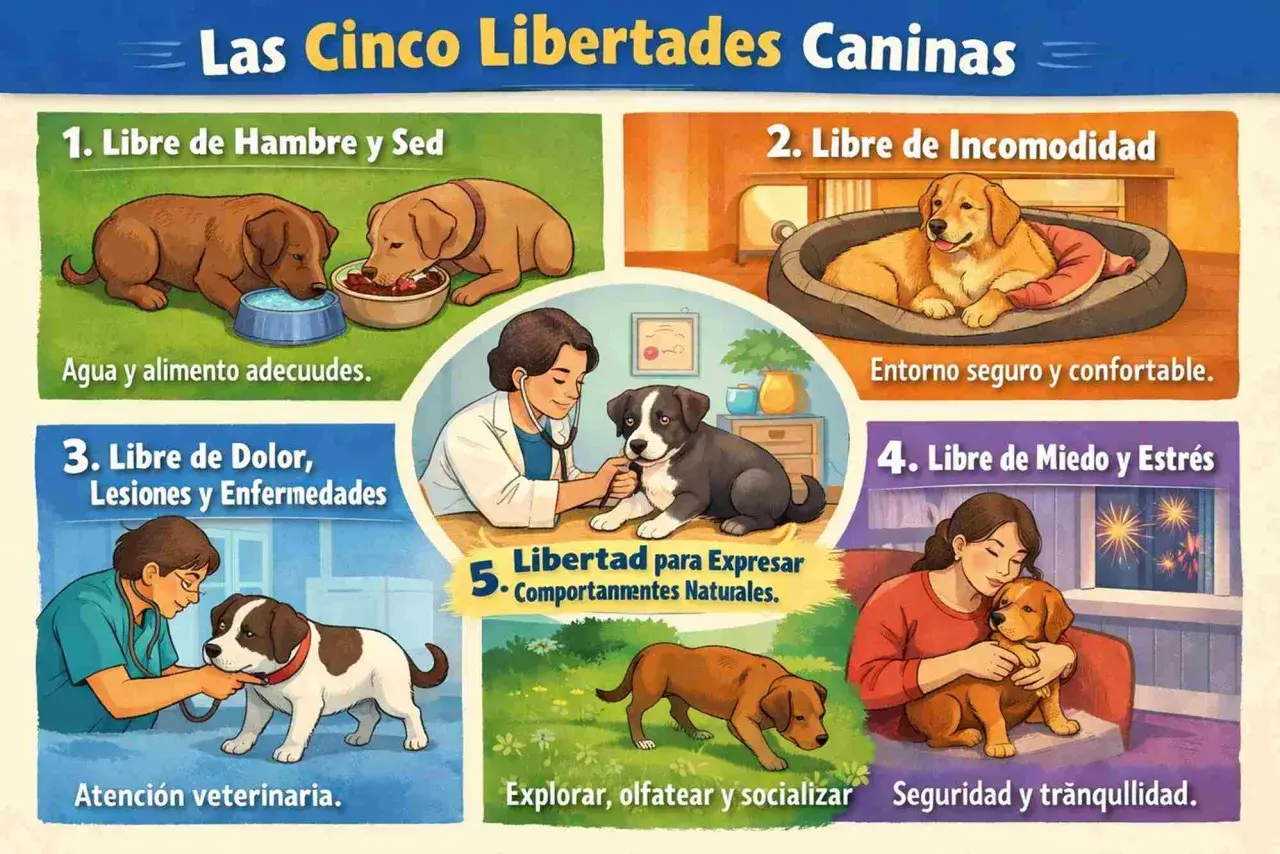 Ilustración sobre las cinco libertades caninas: perros comiendo, durmiendo en cama cómoda, recibiendo atención veterinaria, jugando y siendo abrazados. Datos curiosos de perros.
