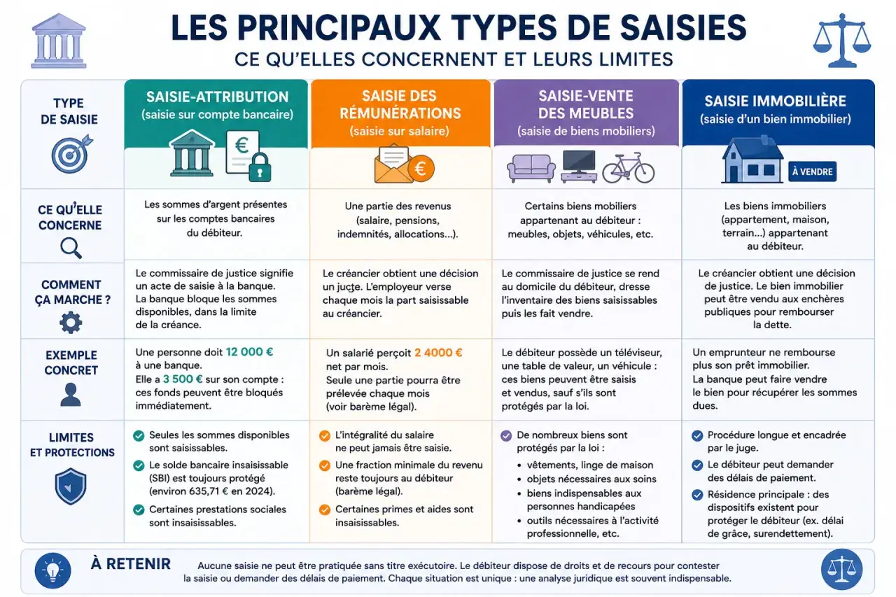 Infographie comparant les types de saisies : attribution, rémunérations, meubles, immobilier. Elle explique la différence entre huissier et société de recouvrement.