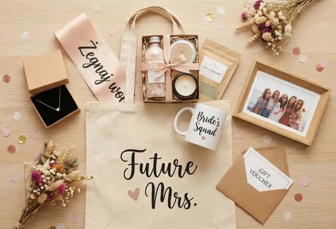 Elegancki prezent na wieczór panieński: torba z napisem "Future Mrs.", naszyjnik, kosmetyki, kubek "Bride's Squad", ramka ze zdjęciem i bukiet.