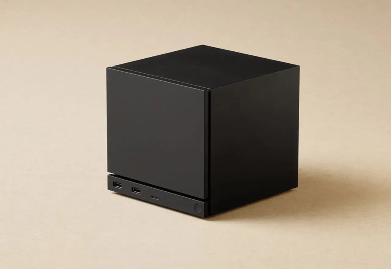 Schwarzer Würfel-PC mit USB-Anschlüssen, bereit für den Steam Machine Release.