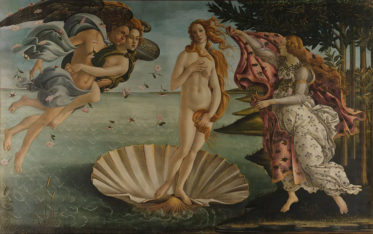 The Birth of Venus (Bouguereau) depicts Venus arriving on a seashell, guided by Zephyr and Hora.