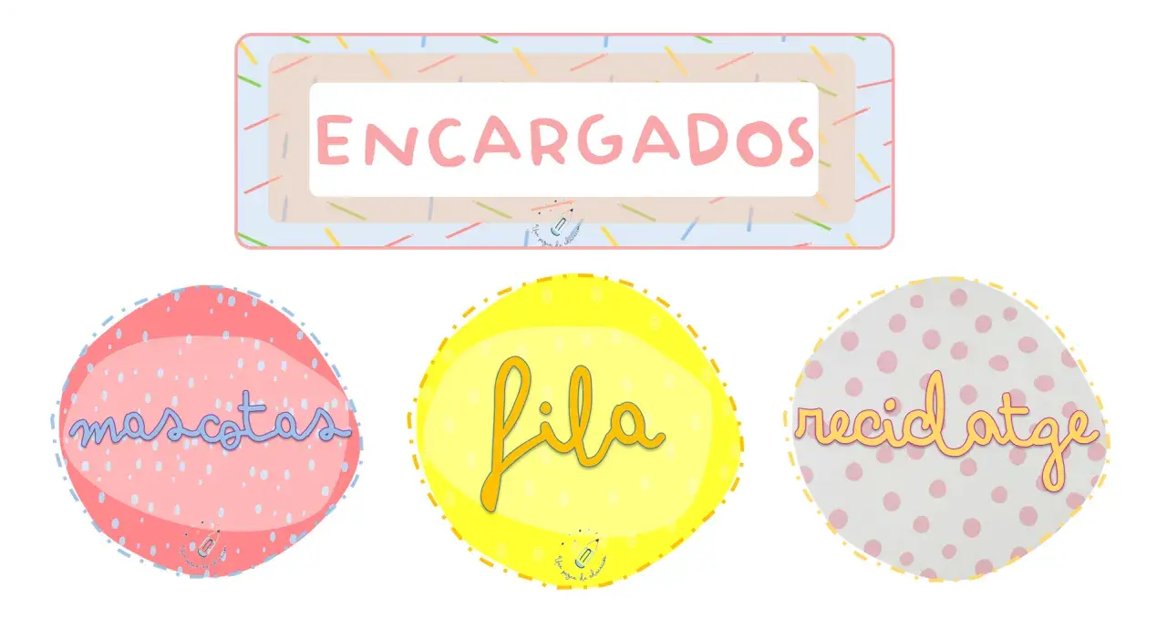 Diseño para imprimir: "Encargados" con círculos para "mascotas", "fila" y "recidatge".