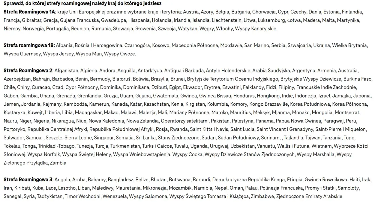 Lista krajów podzielona na strefy roamingowe T-Mobile.