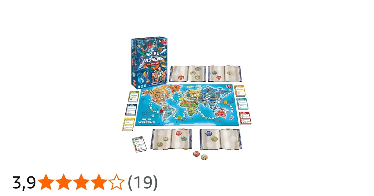Brettspiel "Spiel des Wissens" mit Weltkarte, Büchern und Karten. Ein spannendes Spiel für die ganze Familie, das Wissen vermittelt – vielleicht das beste Spiel der Welt!