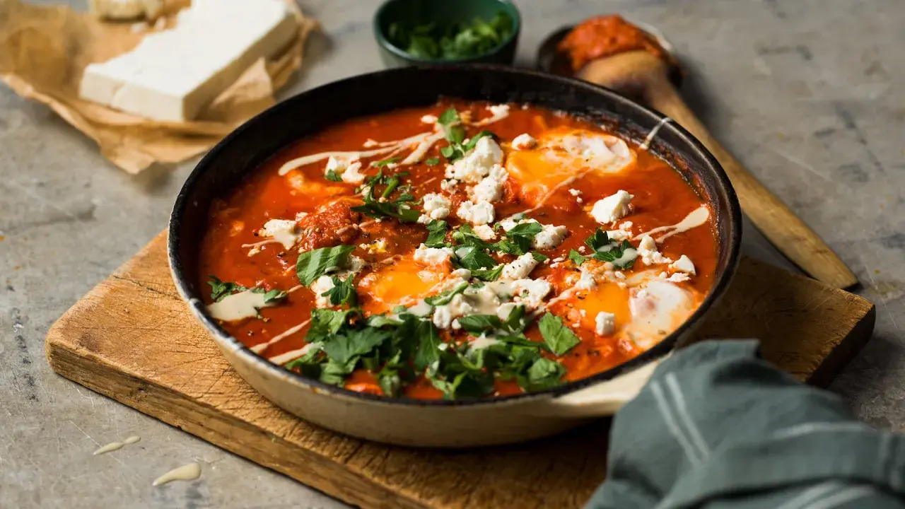 En smakrik shakshuka med ägg, tomat och fetaost, perfekt för en mysig frukost eller brunch.