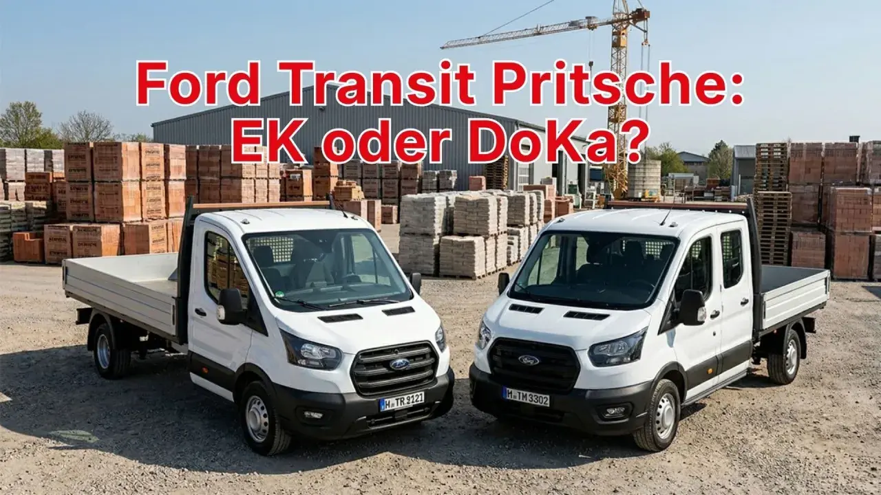 Zwei weiße Ford Transit Pritschenwagen stehen nebeneinander. Einer ist ein Pritschenwagen mit Einzelkabine, der andere ein Pritschenwagen mit Doppelkabine.