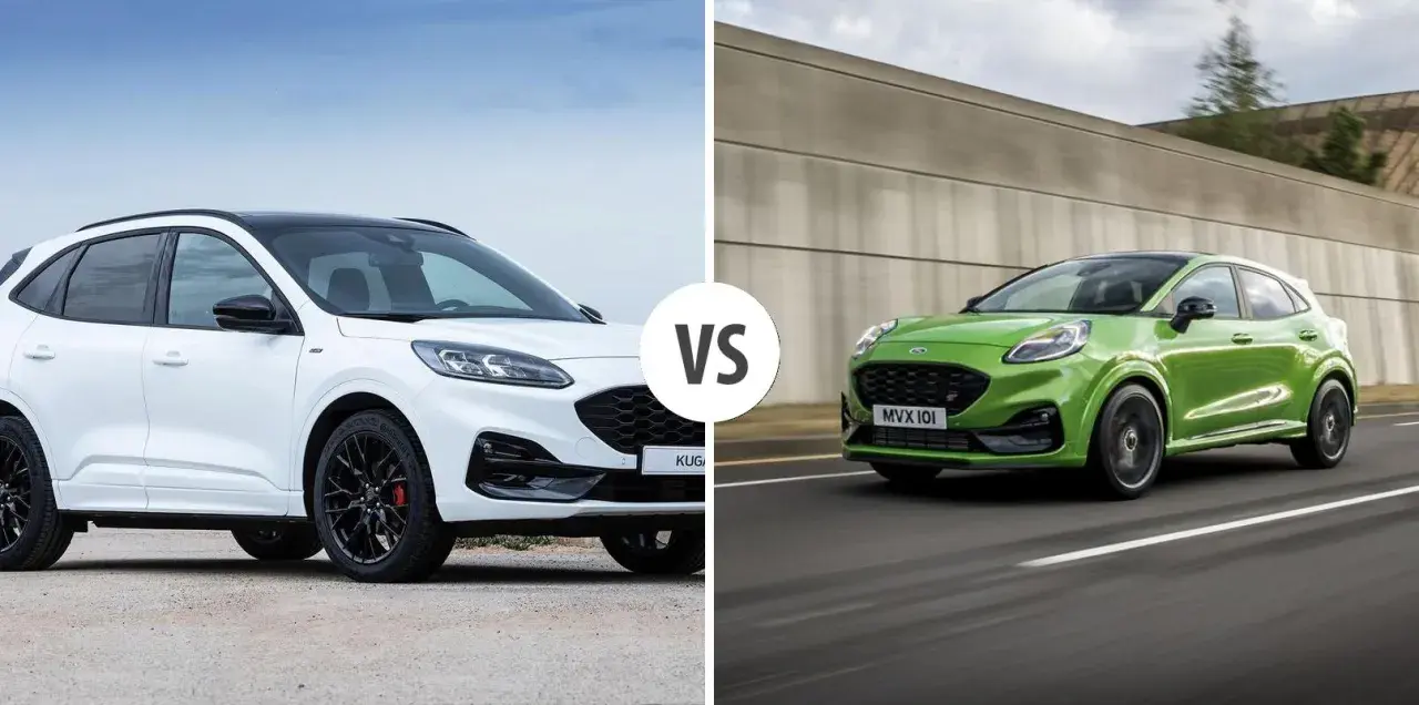 Biały Ford Kuga i zielony Ford Puma, dwa stylowe SUV-y, gotowe do jazdy.