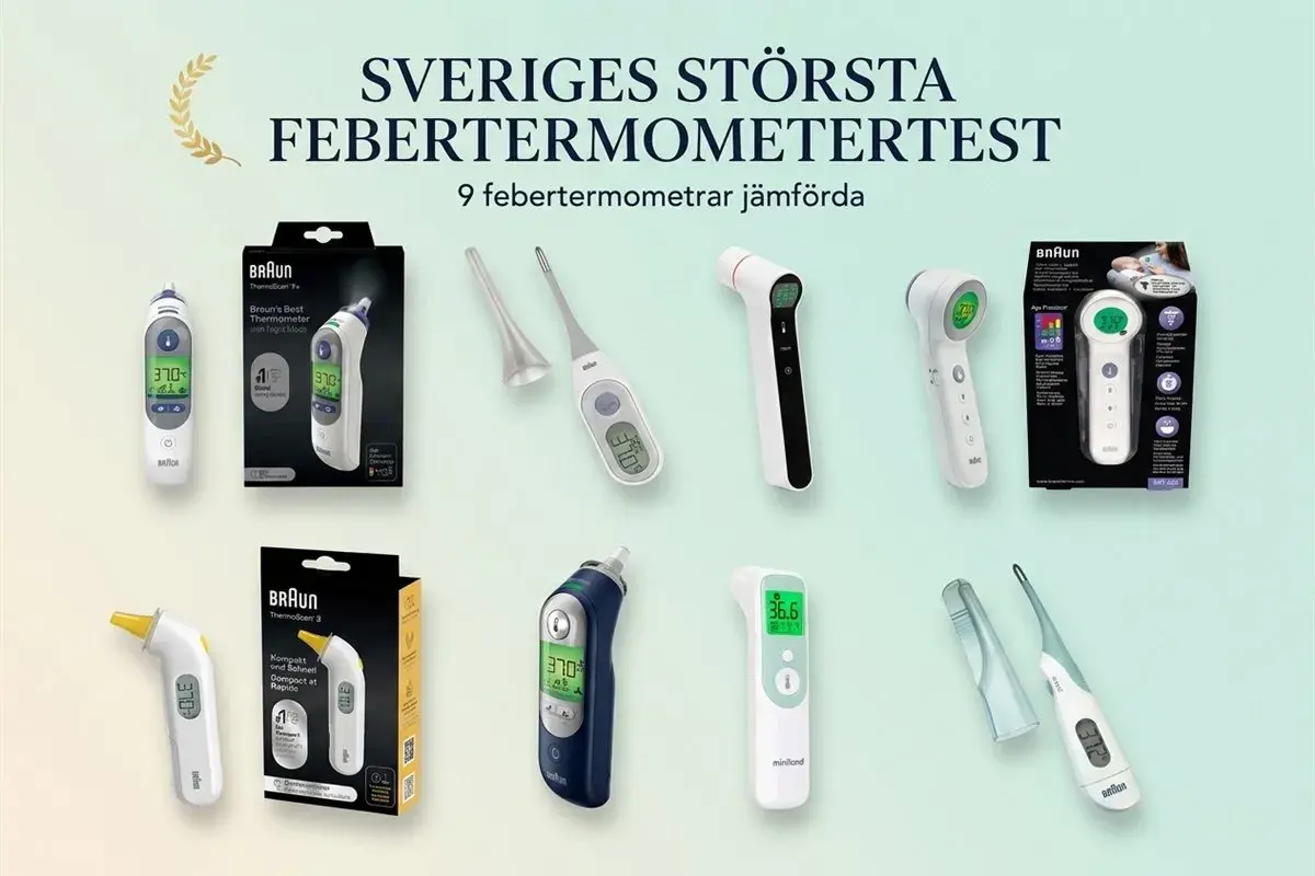 Sveriges största febertermometertest visar nio modeller, inklusive Braun Thermoscan 7+.
