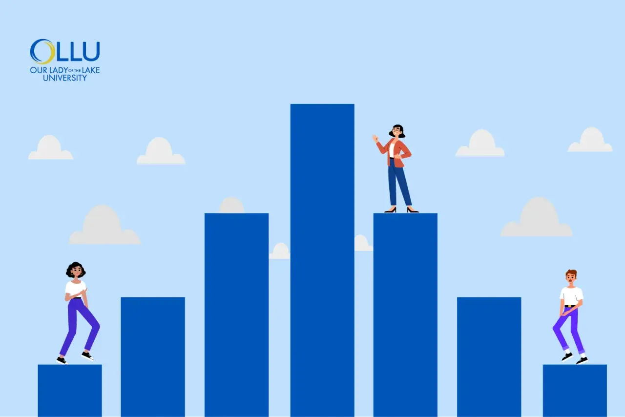 Illustration of people climbing blue bars, symbolizing progress in mba organizational leadership.