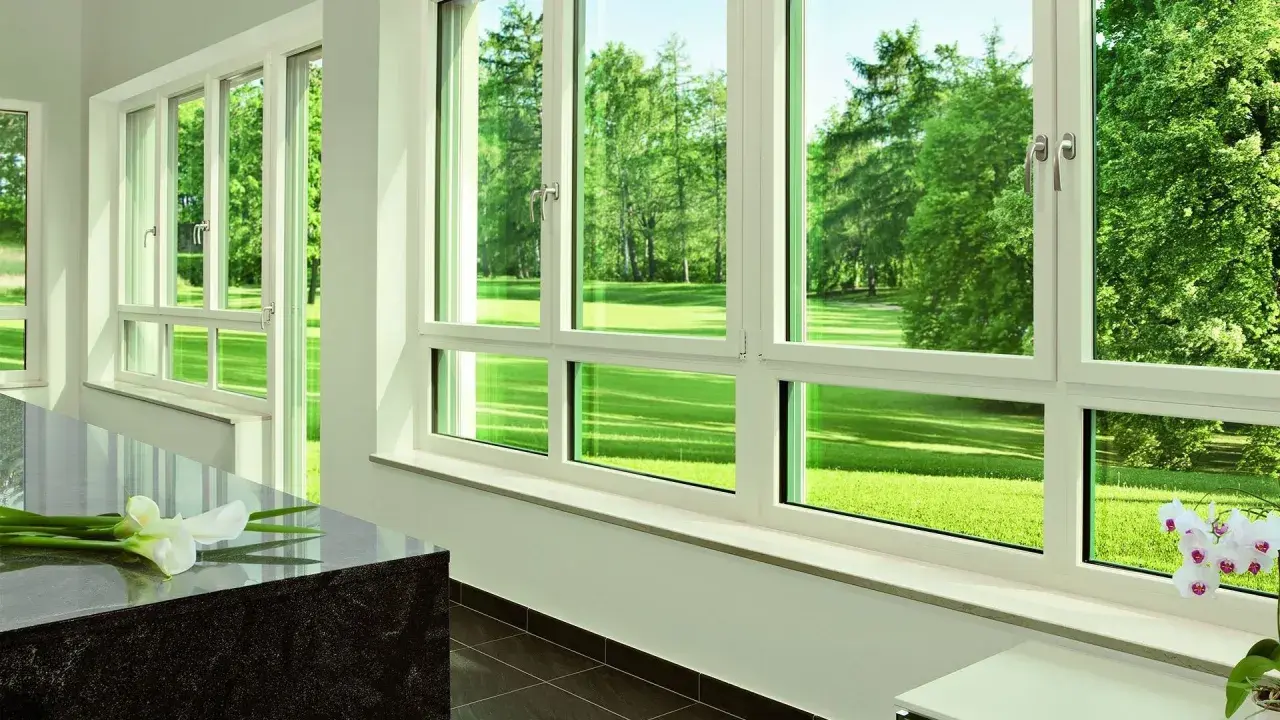Amplias ventanas prefabricadas PVC con vistas a un exuberante jardín verde.