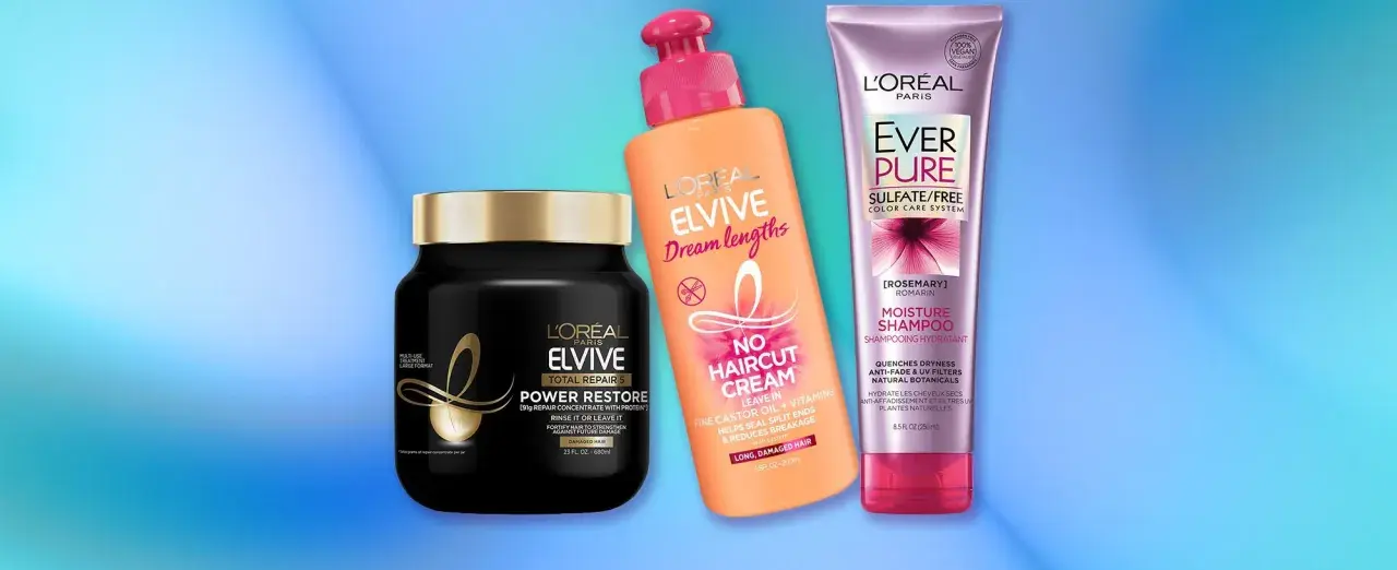 Tres productos L'Oréal Elvive y Ever Pure para el cuidado del cabello: mascarilla Power Restore, crema No Haircut Cream y champú Moisture.