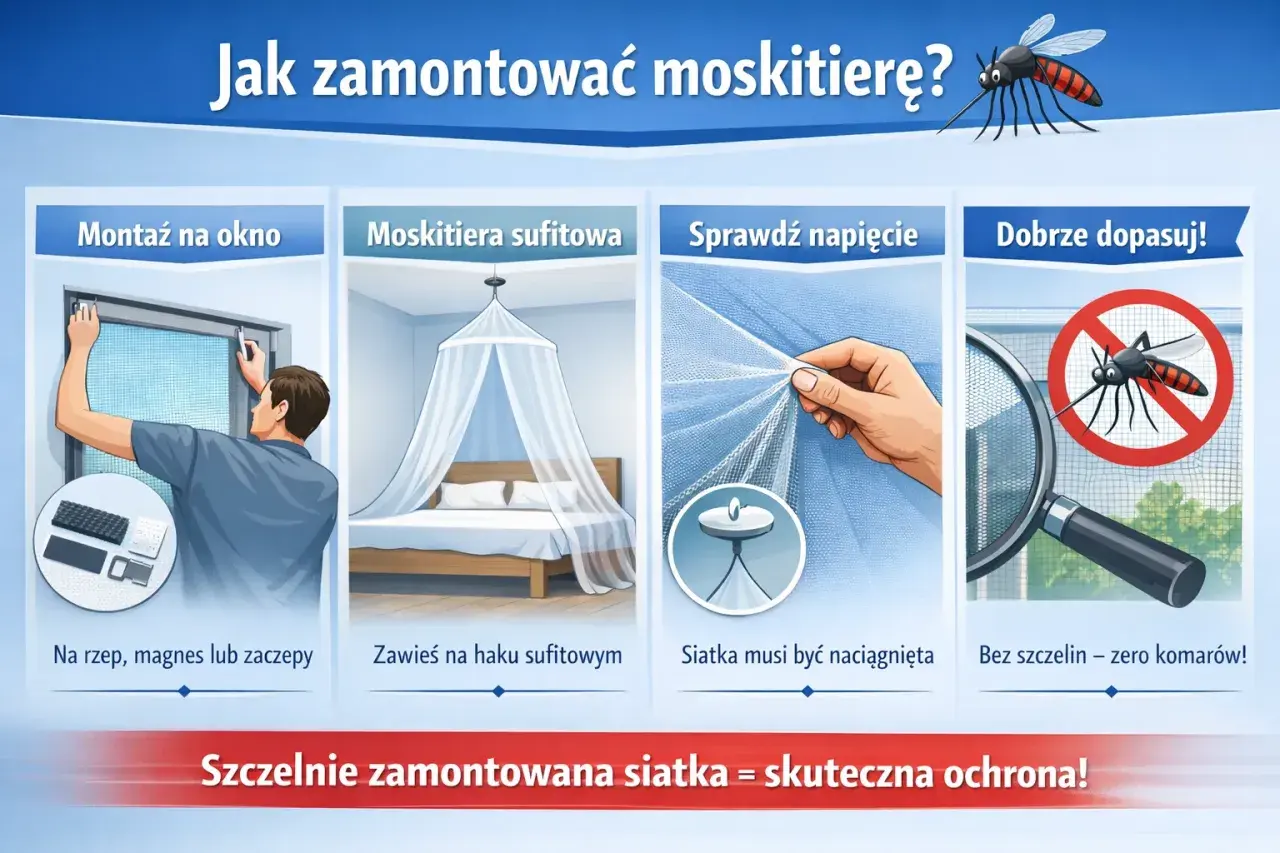 Instrukcja jak zamontować moskitierę na okno: montaż na rzep, magnes lub zaczepy, zawieszenie sufitowe, naciągnięcie siatki i dopasowanie bez szczelin.