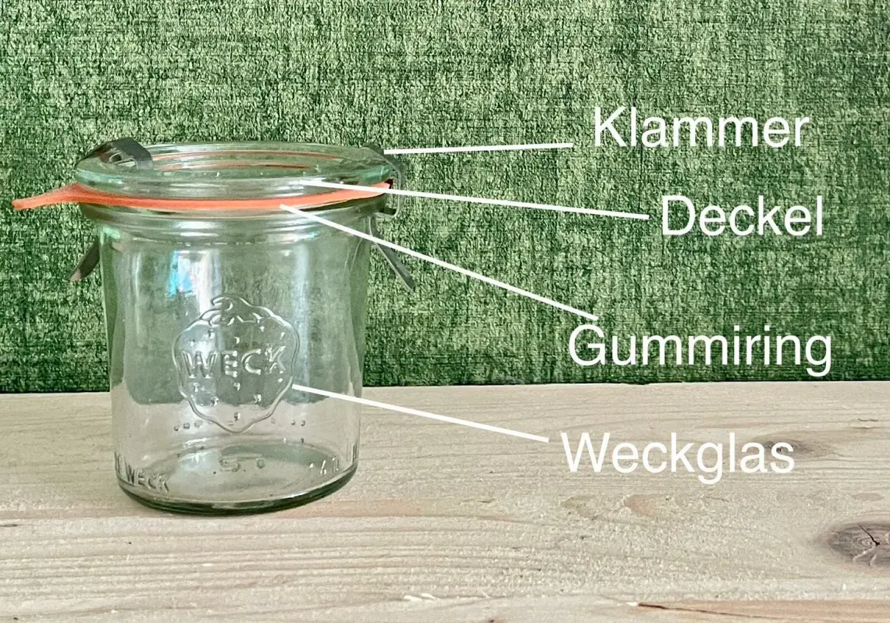 Ein Weckglas mit Klammer, Deckel und Gummiring. Perfekt für die Einkochzeiten Tabelle Weck.